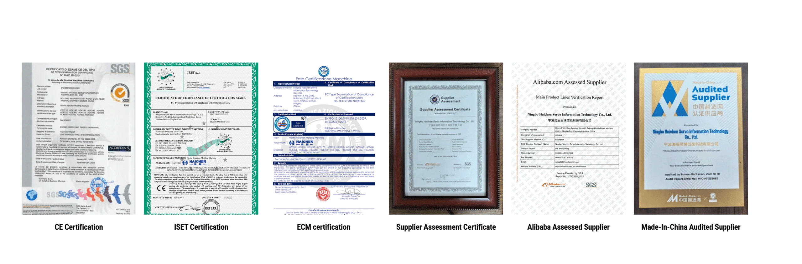 Certification for haichen injection molding machine